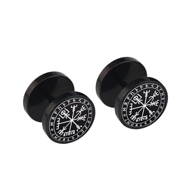 Viking Runes Gauge Earrings for Men Black Fake Plugs Piercing Jewelry Gift