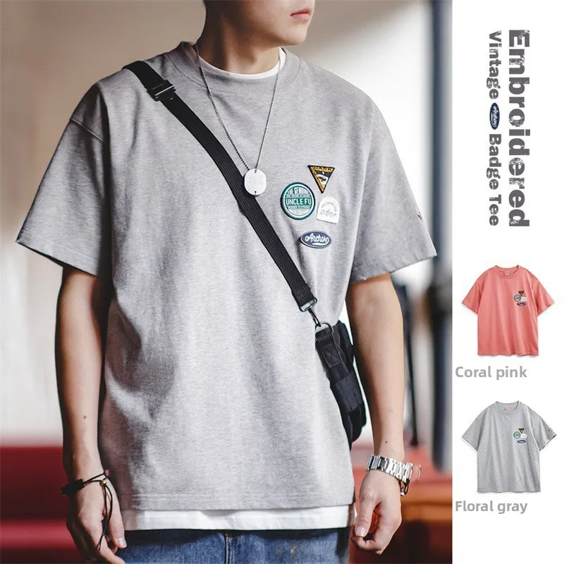 

Maden Workwear American Casual Embroidered Bae ort Sve T-irt Simple Pure Cotton round Ne Five Sve Tee Men Summe...