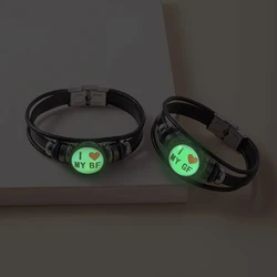 2 Pcs/Set I Love My BF GF Luminous Couple Bracelet Glass Snap Multilayer Leather Bracelets