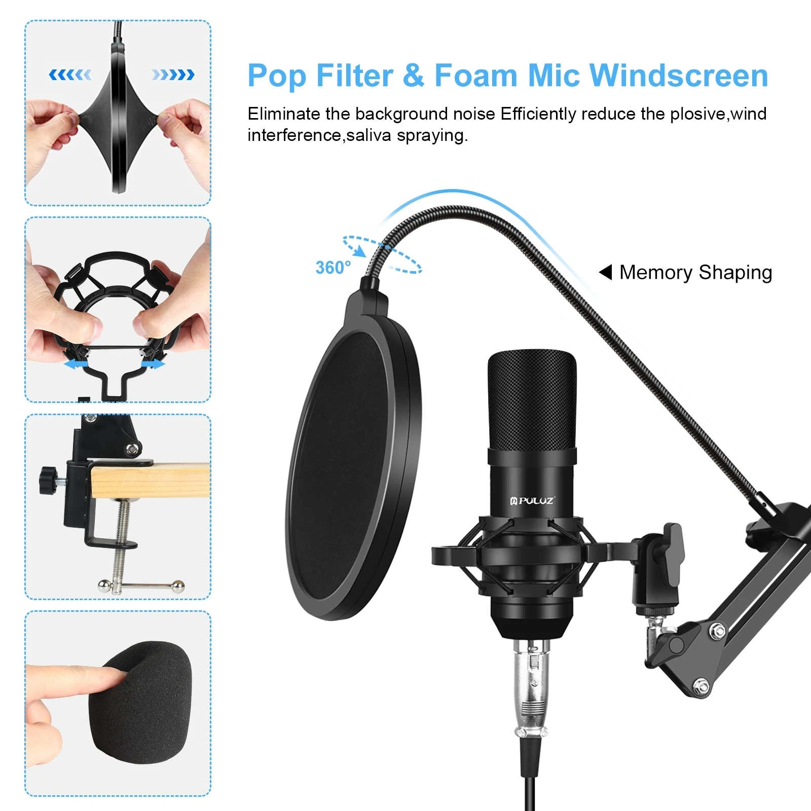 Top Condenser Microphone Broadcast Singing Microphone Kits with Suspension Scissor Arm & Metal Shock Mount & USB Sound