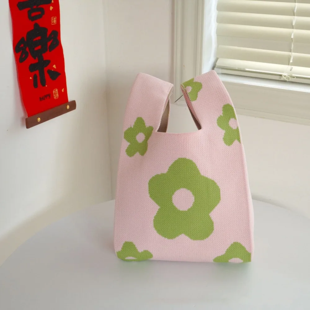 

Casual Flower Print Knitted Wrist Bag Handmade Large Capacity Tote Bag Reusable Shopping Bags