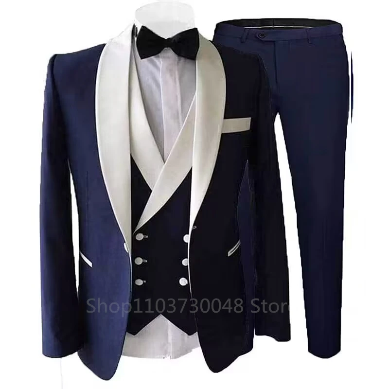 3 Piece Suits for Men Slim Fit Groom Wedding Tuxedos Shawl Lapel Jacket Business Formal Party Blazer Vest Pants Costume Homme