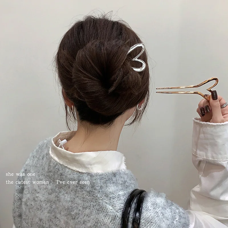 Nowy chiński styl metalowa szpilka do włosów w kształcie serca dla kobiet Retro prosta moda projekt w kształcie litery U grzebień zapięcie do włosów nakrycia głowy
