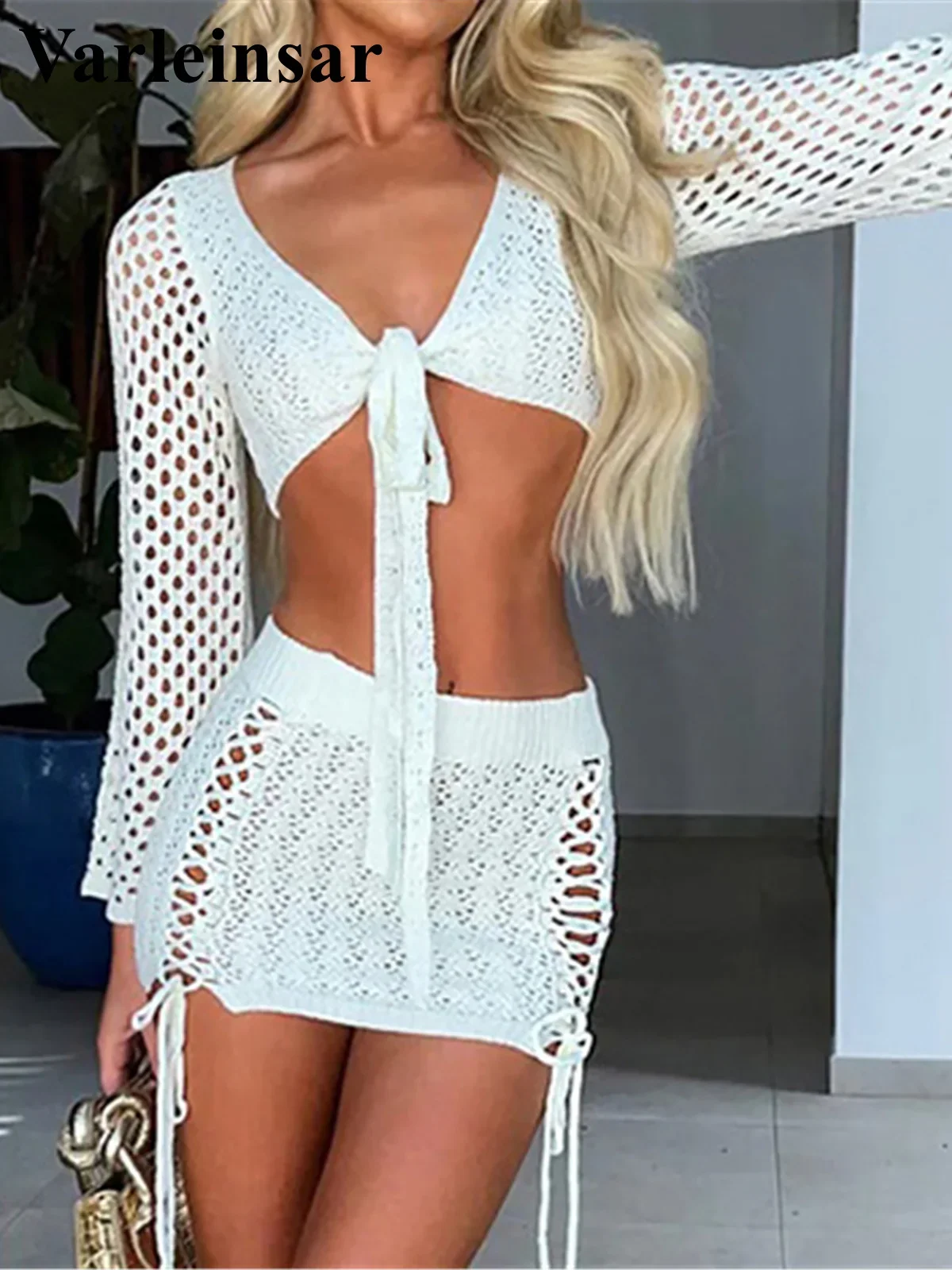 

Hollow out Crochet Knit 2 Pieces Suits Women Summer Dress Beach Wear Outfit Long Sleeve V-Neck Tie-Up Crop Top+Mini Skirt V6001