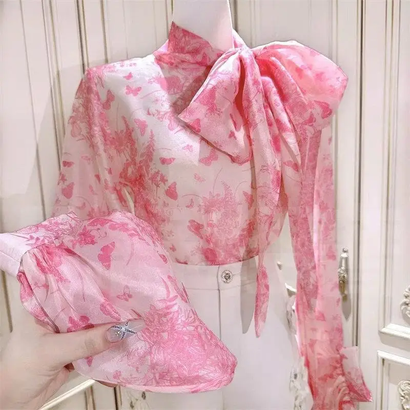 Flower Painted Shirt Spring/Summer 2023 New Fashion Butterfly Print Shirt Lace Up Sweet Top women blouse