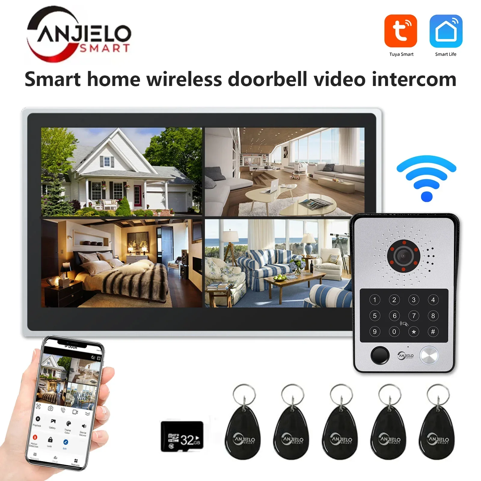 Anjielo Tuya iDVR 1080P Smart Home Doorbell Large 15.6 Inch Video Intercom Control System WiFi Video 4 Split Screen IP Doorbell