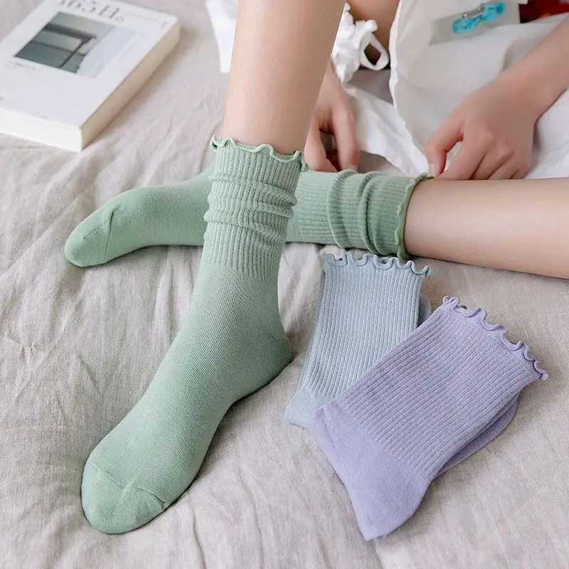 

2024 New 3 Pairs Women Ruffle Lace Cute Socks Polyester Cotton Loose Knitting Solid Color Long Breathable Mid Tube Sock