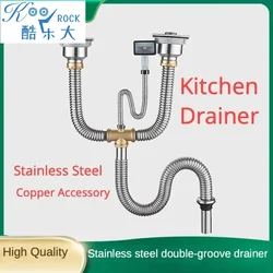 Stainless Steel Double Bowl Kitchen Sink Drain with Anti-Odor Pipe, Copper Fittings, and Sealing Ring - Complete Drainage Kit
