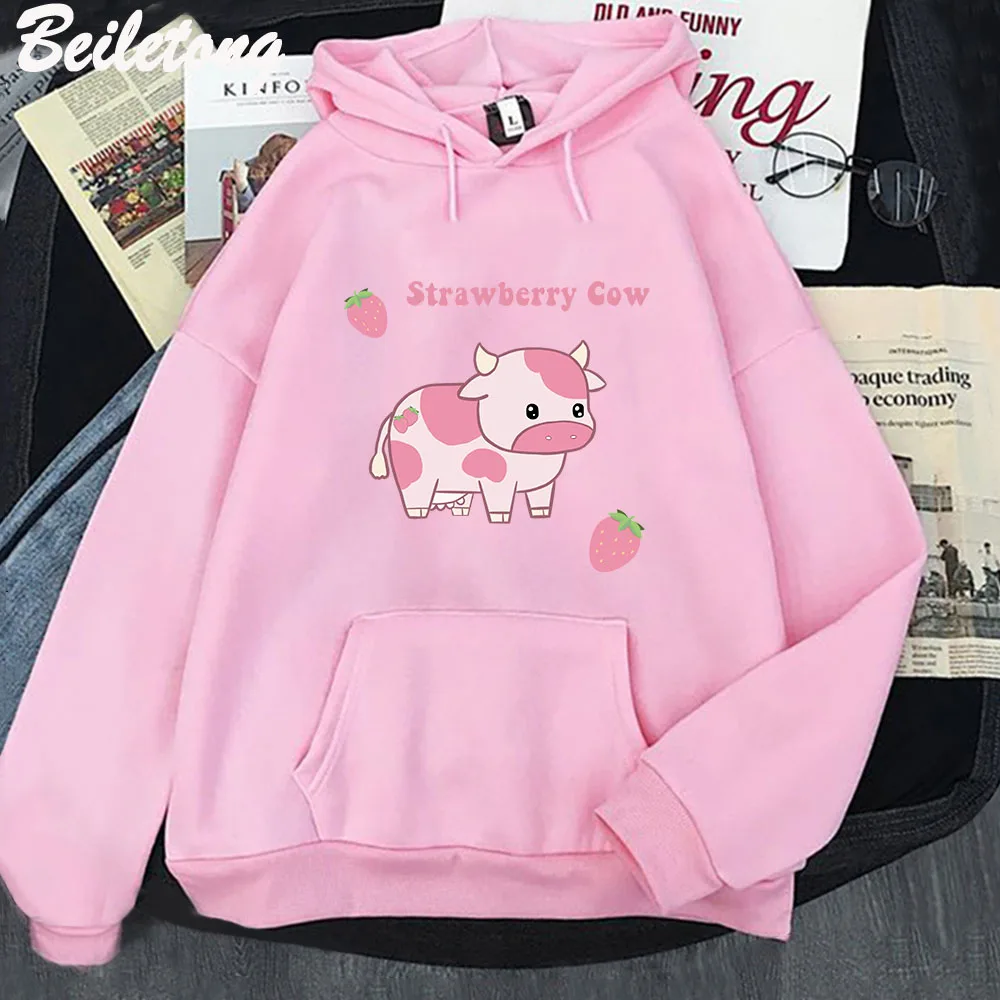 Cow and Strawberry Kawaii Hoodies Casual Pullover Loose Sweatshirt Aesthetic Clothes for Women Funny Sudadera Mujer Blue Cartoon