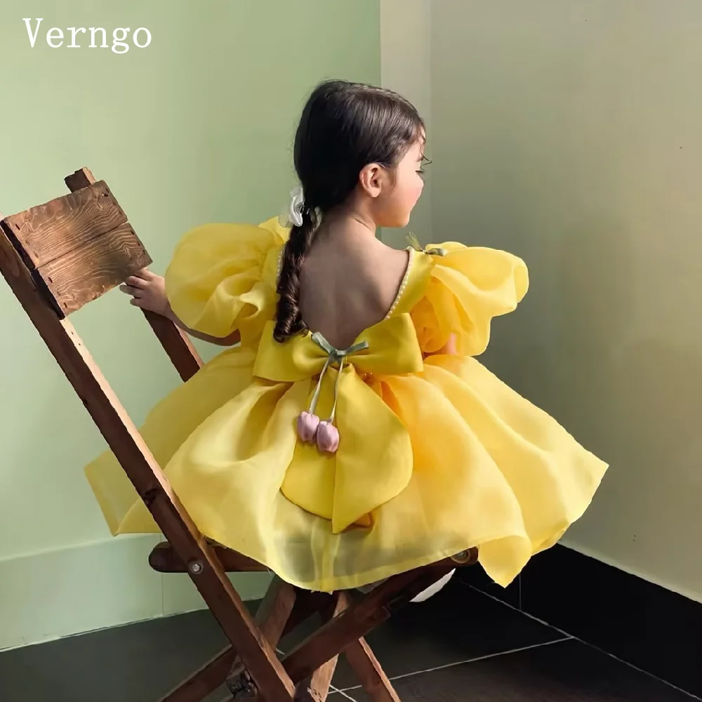 Verngo Elegant Yellow Shiny Satin Girl Birthday Party Dress O Neck Short Full Sleeves Ball Gown 3D Flowers Prom Gown Customized
