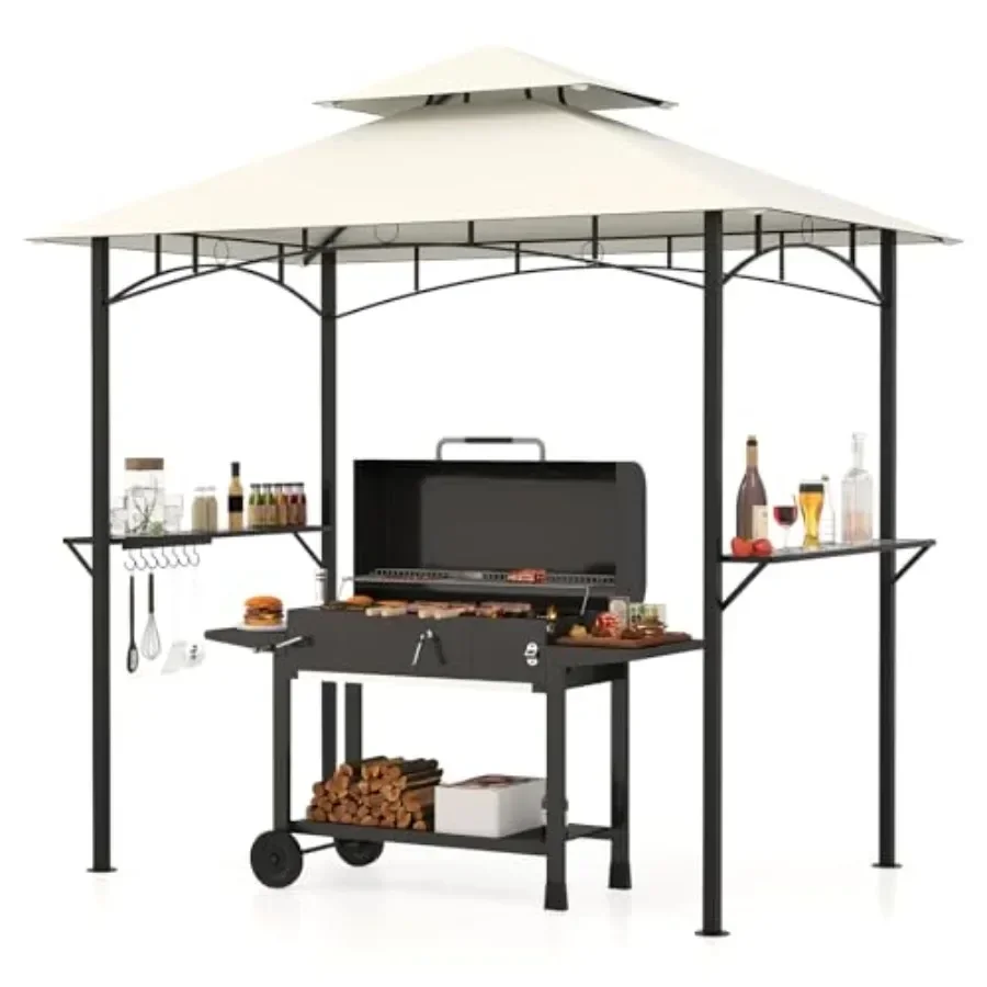 8x5 Feet Grill Gazebo 2-Tier Barbecue Gazebo with 2 Shelves 7 Hooks Metal Fe Outdoor Grill  for Backyard Garden Poolside
