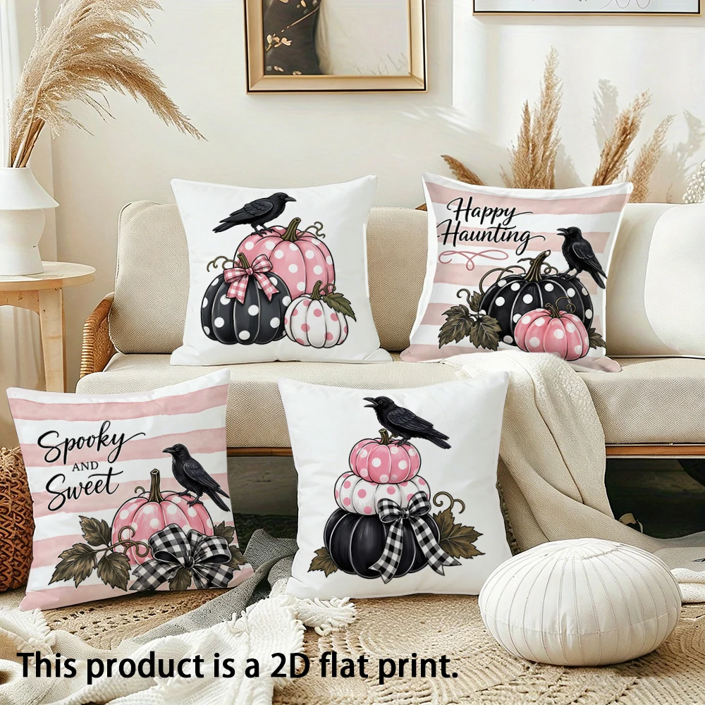 1pc  Pink Black Halloween Pumpkin Crow Pillow Covers, Spooky Sweet Happy Haunting Farmhouse Cushion Cases for Sofa Bed Decor