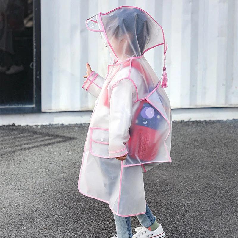 Fashion Children Transparent Eva Plastic Girls Boys Raincoat Travel Waterproof Rainwear Kids Can Hold Backpack Rain Coat