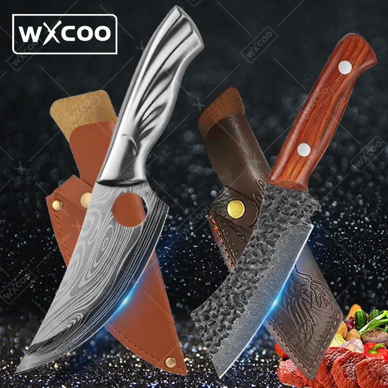 2PCS Stainless Steel Forging Kitchen Knife with Cover Damascus Laser Chef Knife Boning Knife Meat Cutting Pig Fish Killing Knife