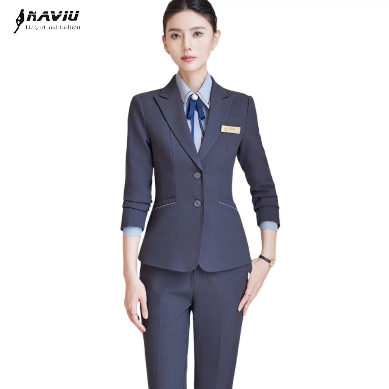 

NAVIU Gray Black Blue Fashion Women Pant Sui Long Sleeve Solid Ladies Blazer And Trouser Formal 2 Piece Set For Spring Winter