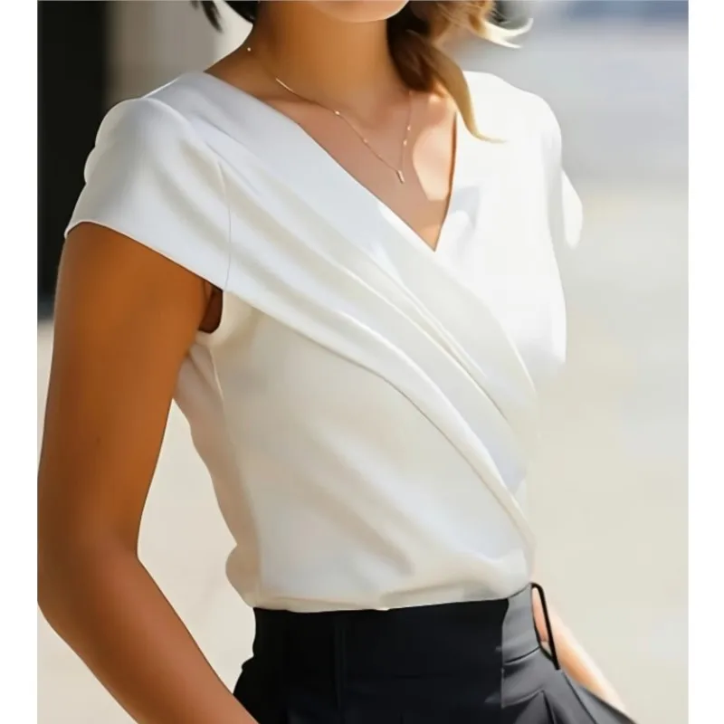 

Новые летние женские блузки: элегантные приталенные рубашки с V-образным вырезом и коротким рукавом, универсальные повседневные топы для женщин