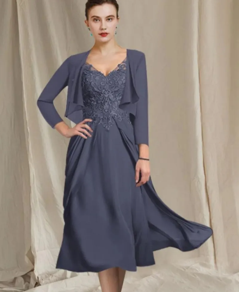 

A-Line Mother of the Bride Dress With Jacket Elegant V Neck Tea Length Chiffon Lace Groom Party Gowns 2023 Robe De Soiree