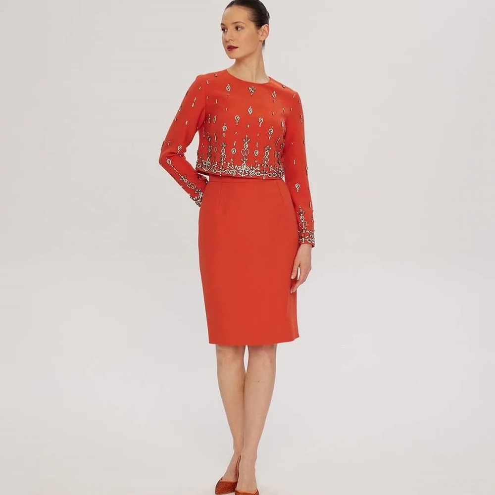 

Dream Elegant Two Piece Mother of Bride Dress Classic O-Neck Long Sleeve with Beaded Knee Length Women Customized Party Gown