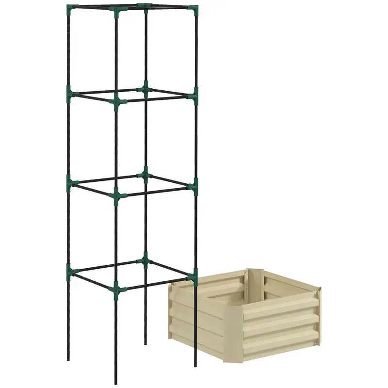 Outsunny Galvanized Planter Box, 24" x 24" x 73.5" Raised Garden Bed with Tomato Cage for Climbing Vines, Cream