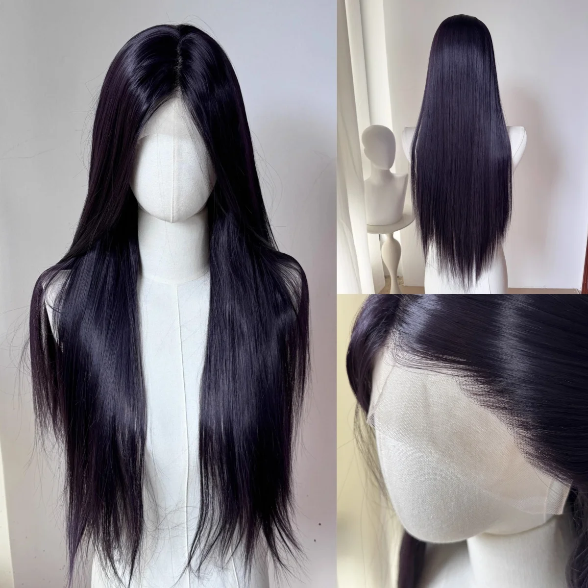 

Фиолетовый синтетический фронтальный парик шнурка 26-дюймовый длинный прямой темно-фиолетовый парик фронта шнурка термостойкое волокно для женщин для косплея