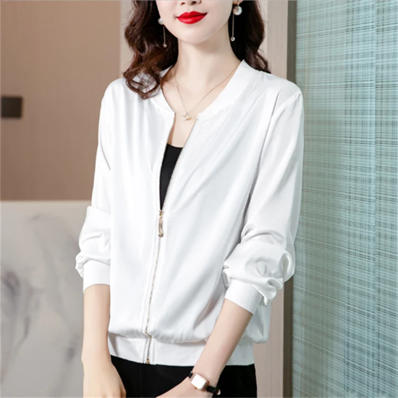 Satin Thin Jacket Ladies Silk Short Coat Smooth Baseball Collar Outwear Solid Color Cloth Zip Jacket Sunscreen Top Fabric Jacket