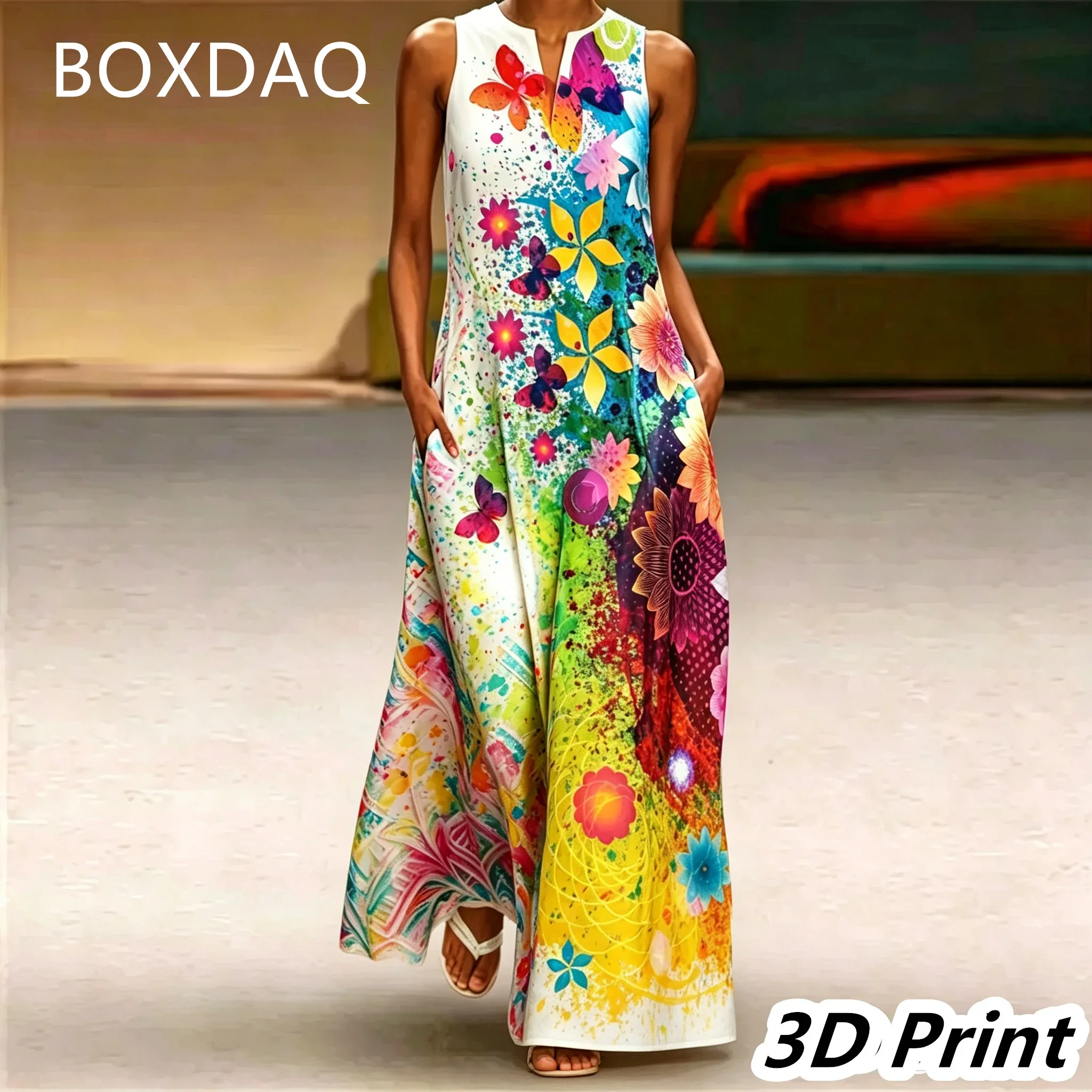 Women Elegant Long Evening Party Dress Robe Summer Sweet butterfly flower Print Loose Long Dress Casual Boho Beach Maxi Dress