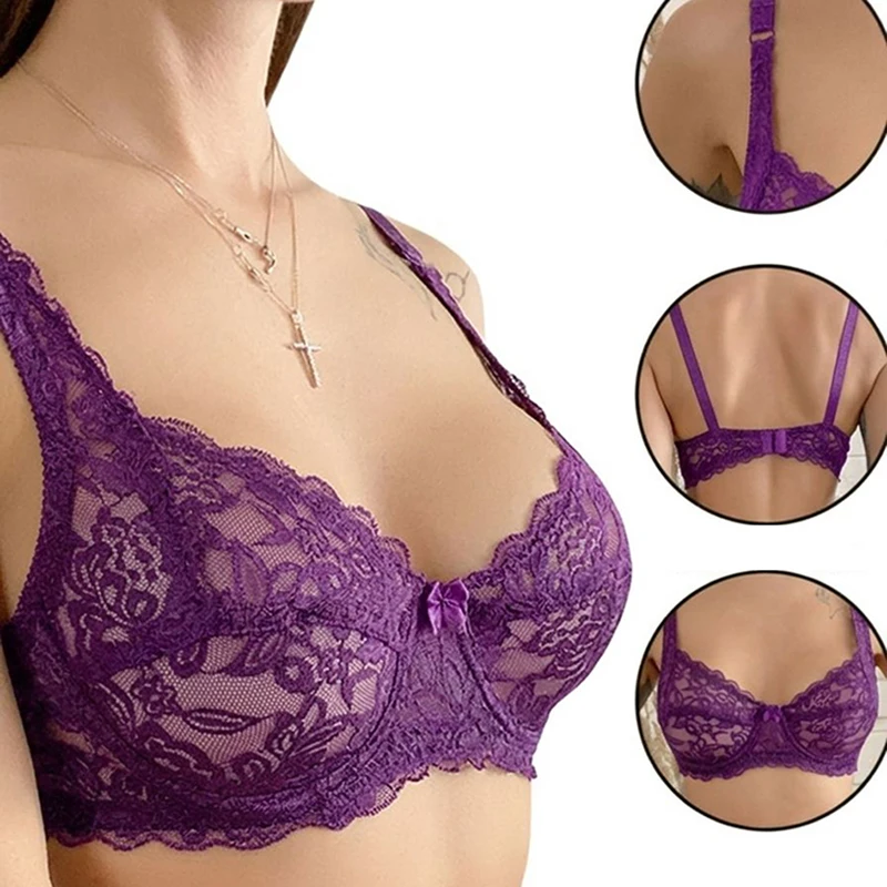 Sexy Lace Ultra Thin Bras for Women No Padding Underwire Transparent Hollow Out Push Up Bra Plus Size 34-40 B/C Cup