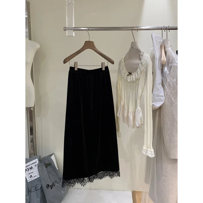 LIMON Lemon Green Tea Korean Style Lace Patchwork Thick Velvet Midi Skirt Women's Winter Black Long Skirt