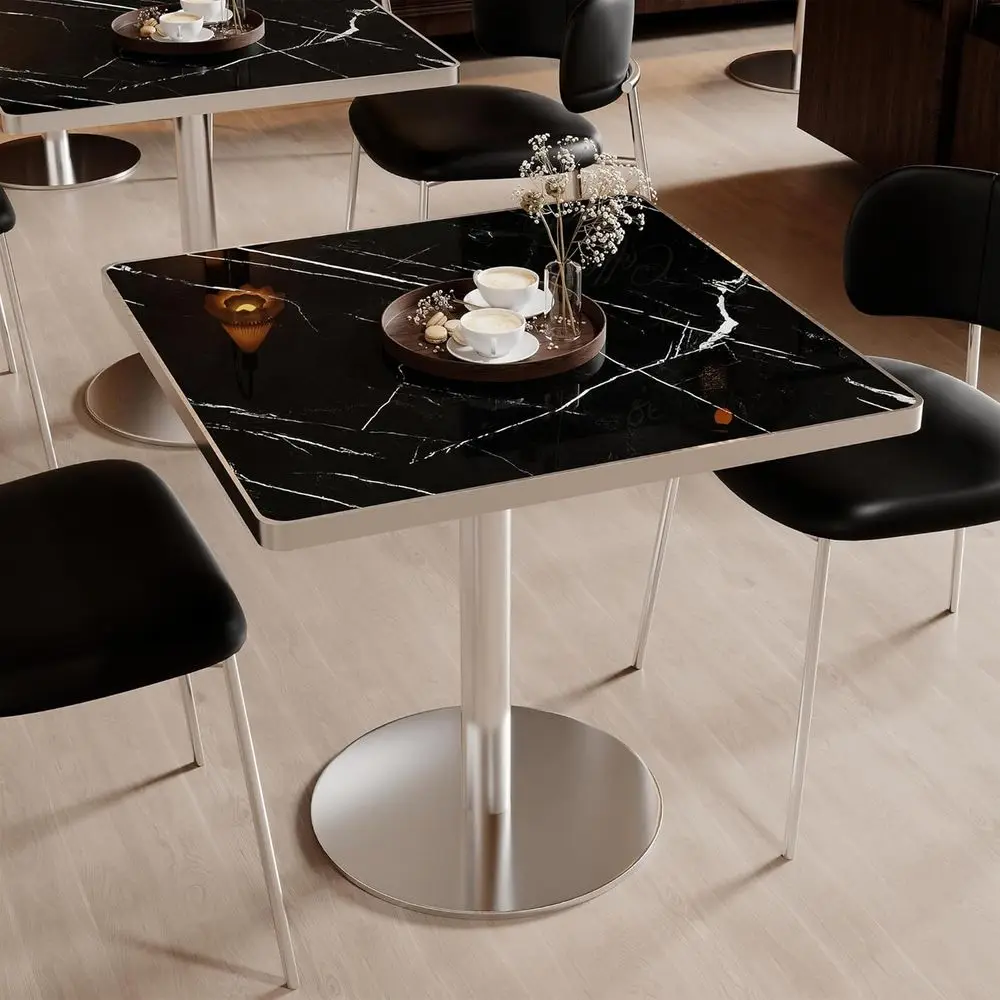 

Квадратный обеденный стол 31,5 фута с каменной столешницей толщиной 1,2 дюйма и серебристым металлическим основанием для кафе, ресторана или дома