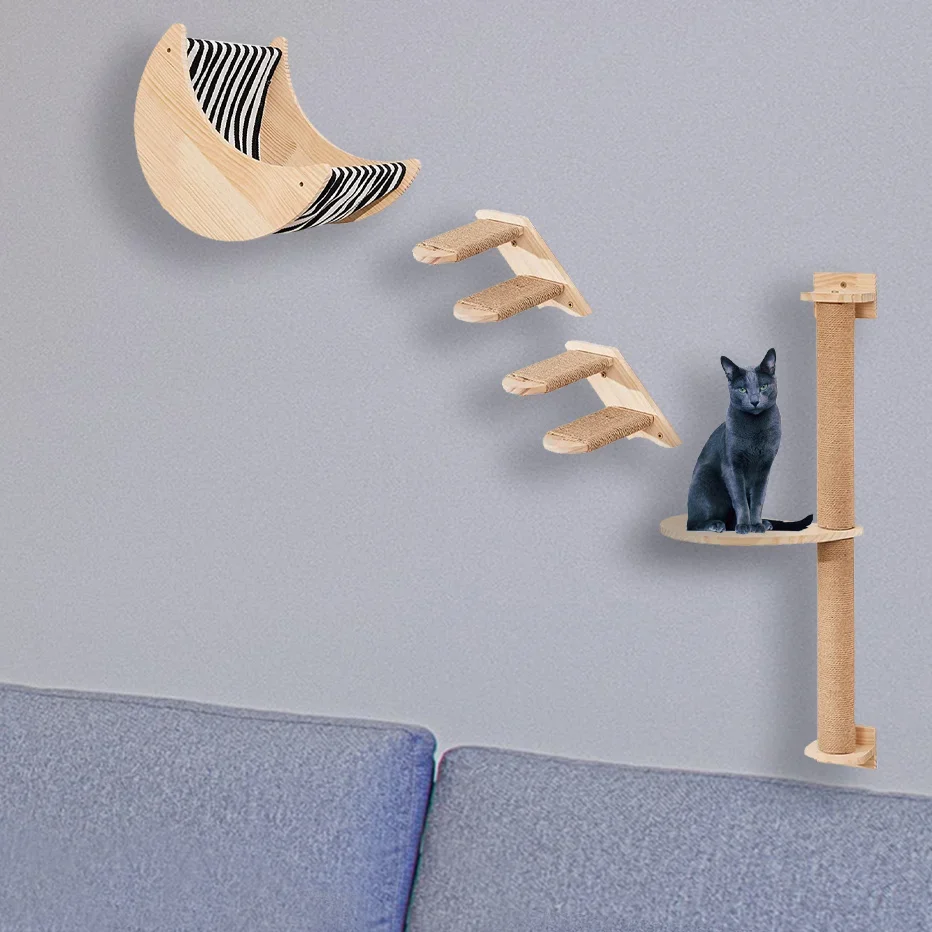 Pet Furniture Four Steps Stair Mounted Climbing Shelves Wooden Perch Cat Wall Shelf And Moon Hammock