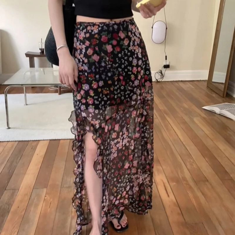 

Women's Summer Elegant Floral Side Split Gauze Long Skirt Lady Streetwear High Waist Ruffles Skirt