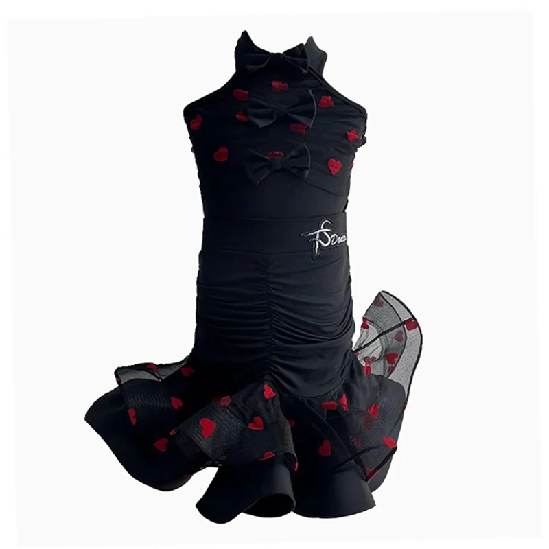 Children Latin Dance Practice Clothes Print Sleeveless Shoulder Split Skirts Two Piece Set Girls Training Performance Clothes