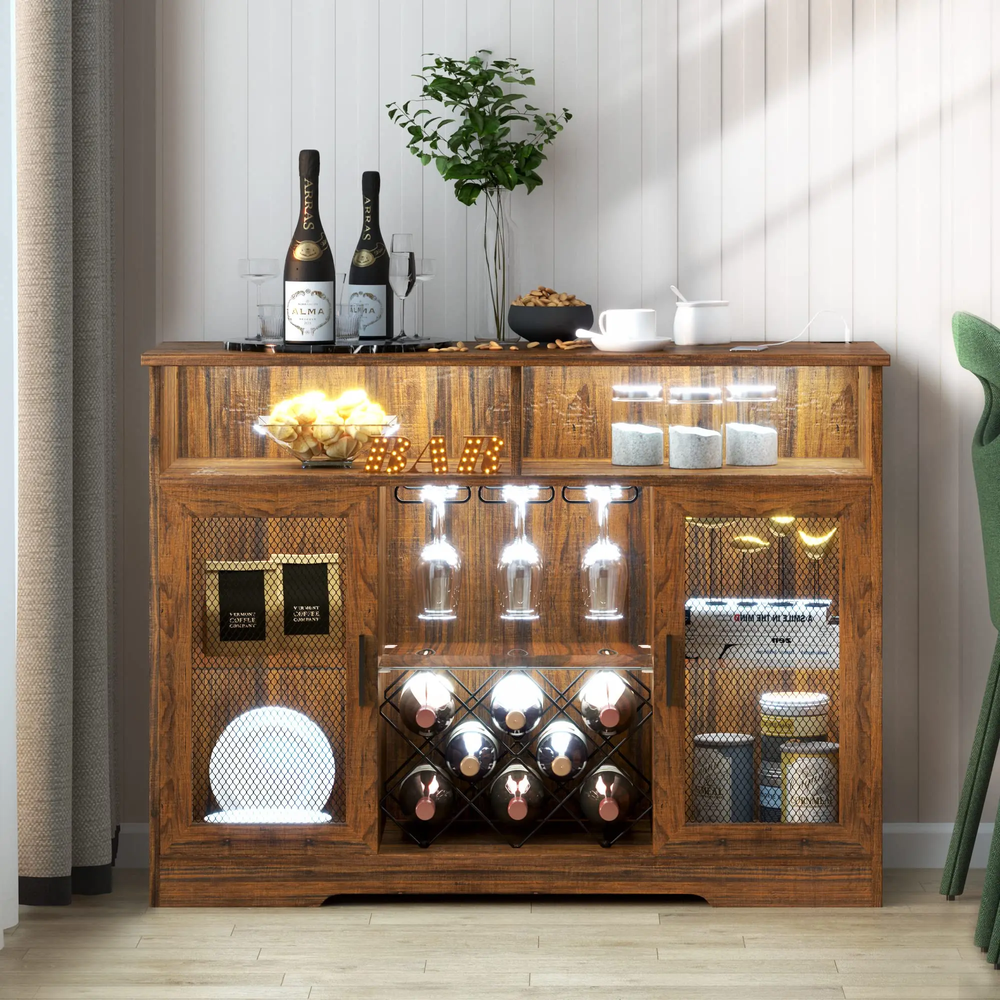 

Modern Luxury Lighted Bar Cabinet Home Furniture for Living Room Display Wooden Liquor Wine Storage