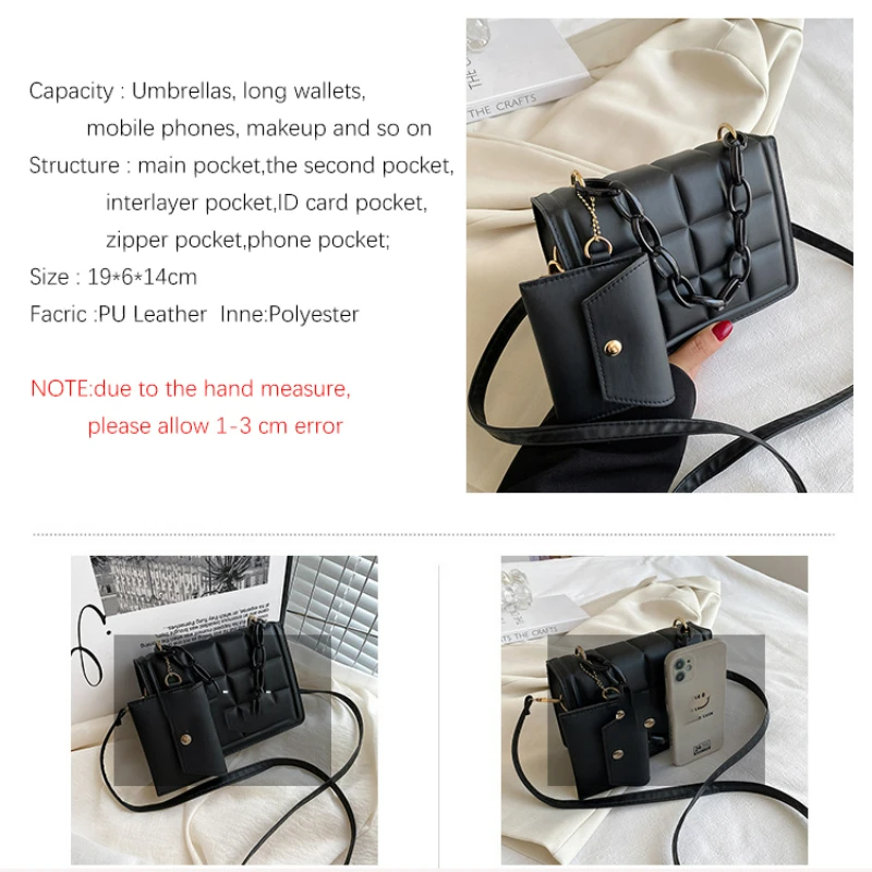 TRAVEASY 2024 Fashion Plaid Square Shoulder Bags for Women Casual 2PCS PU Leather Female Crossbody Bag Black Color Messenger Bag