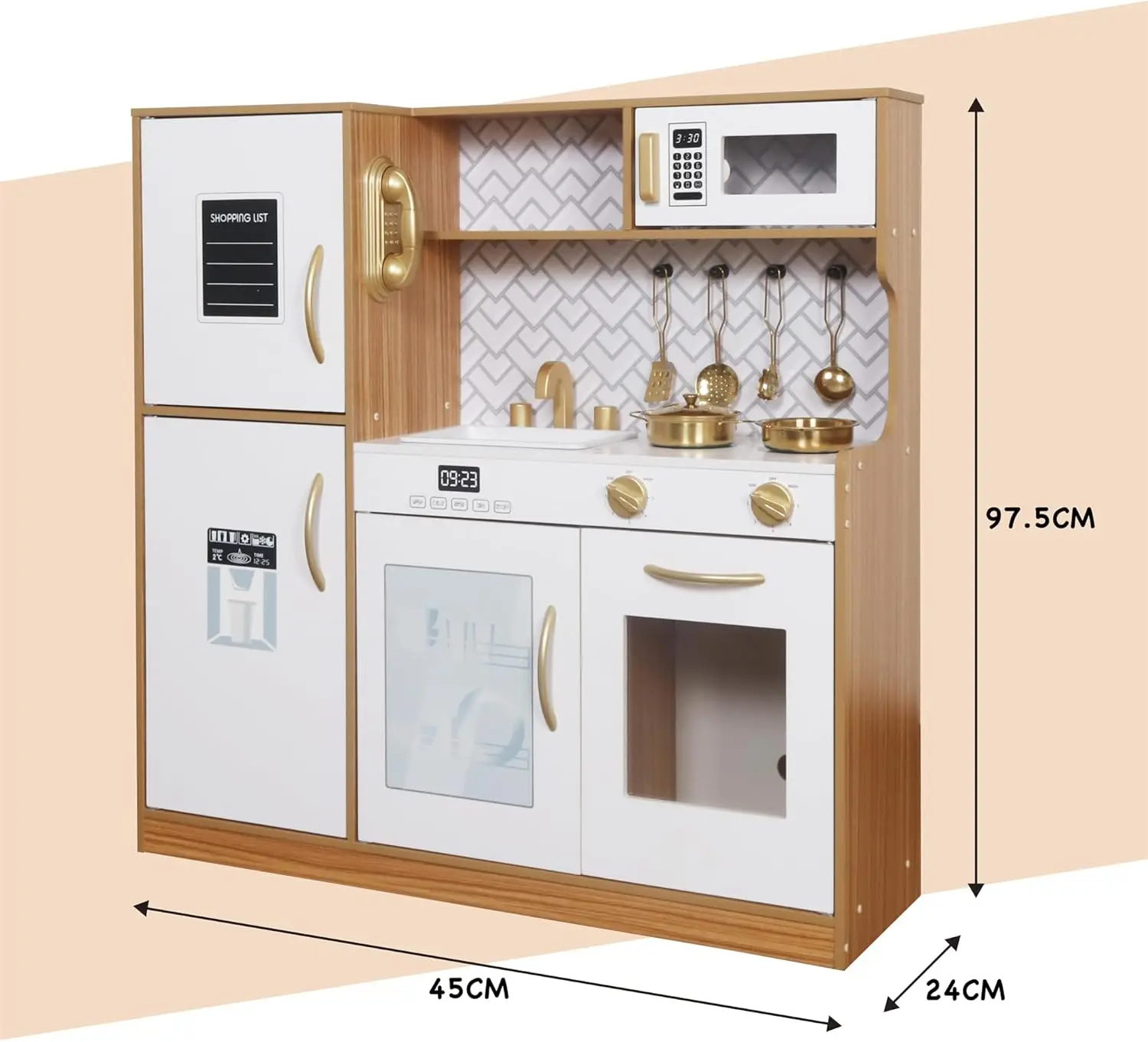 Wooden Play Kitchen Toy Set with Light, Kids Children Pretend Toy Kitchen Playset, Sink Play Toy Oven with Microwave,Toddler Coo