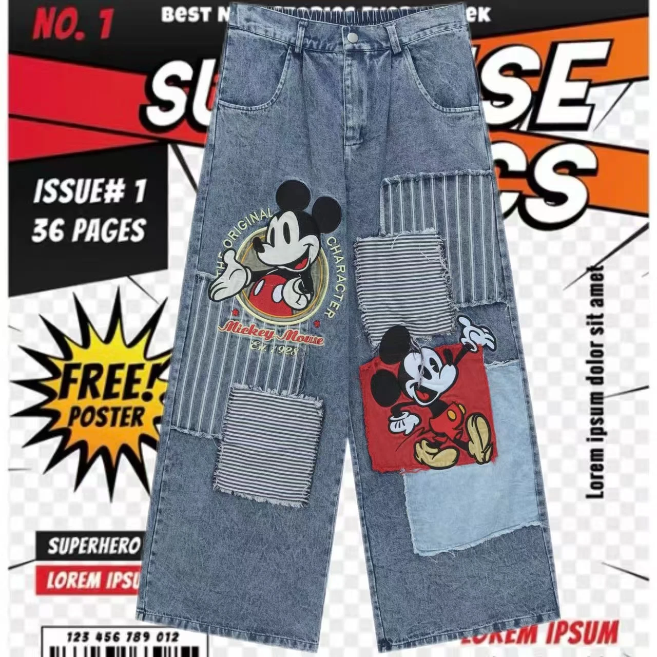 

Waed Denim Wide Leg Pants Splicing Color Contrast Cartoon Embroidery Loose Fit tle Zhao Daini American Retro Sle Jeans