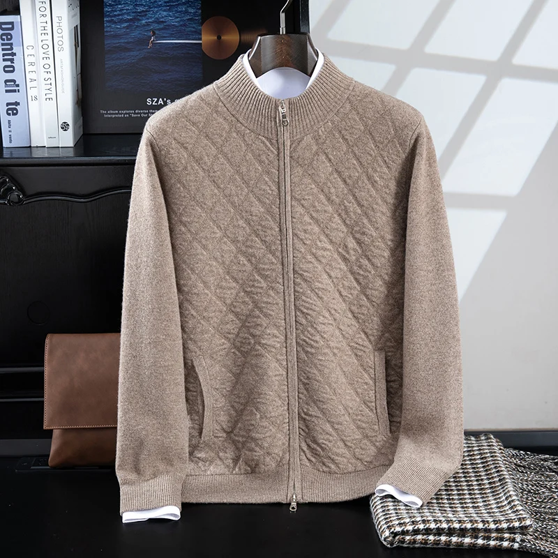 New Autumn And Winter Products：Men's 100% Merino Wool Knitted Thick Cardigan High Collar Zipper Warm Business Casual Jacket