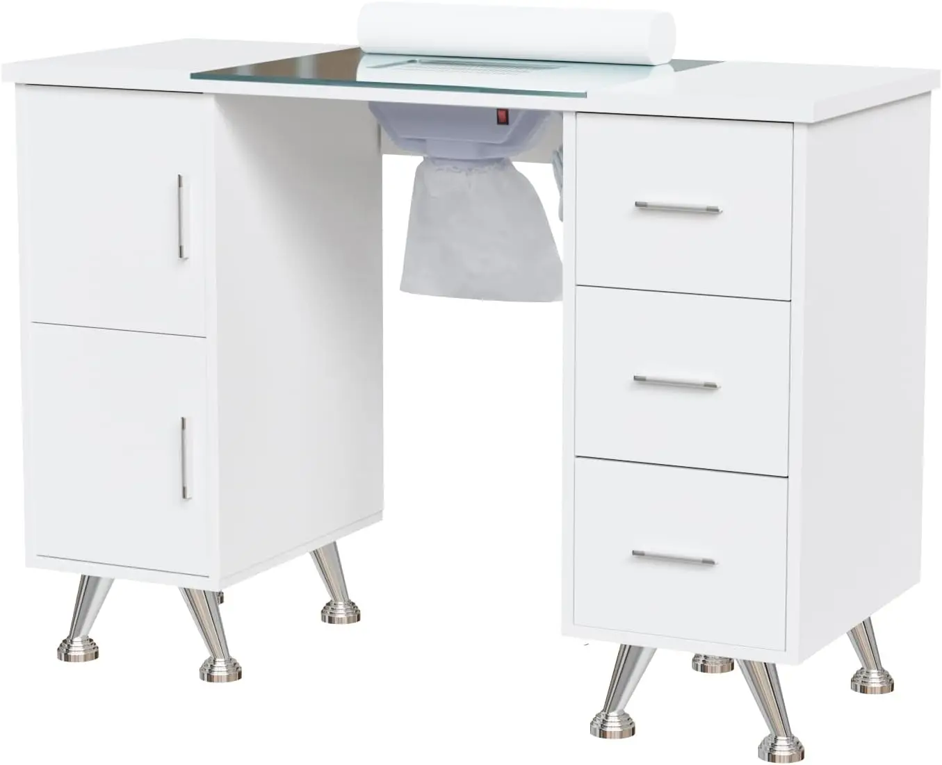 OmySalon Manicure Table Nail Desk，Glass Top & Wrist Rest, Decor Workstation Acetone Resistant w/2 Side Cabinet+3 Drawers