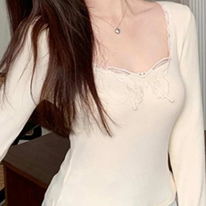 

Autumn New Pure Desire Style Lace Bow Long-sleeved T-shirt Hot Girl Sexy Slim Waist Niche Top