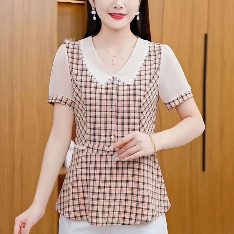 Summer new Women's Blouse contrast color Peter pan Collar Button Plaid Spliced Gauze short Sleeve Slim Elegant Chiffon shirt Top