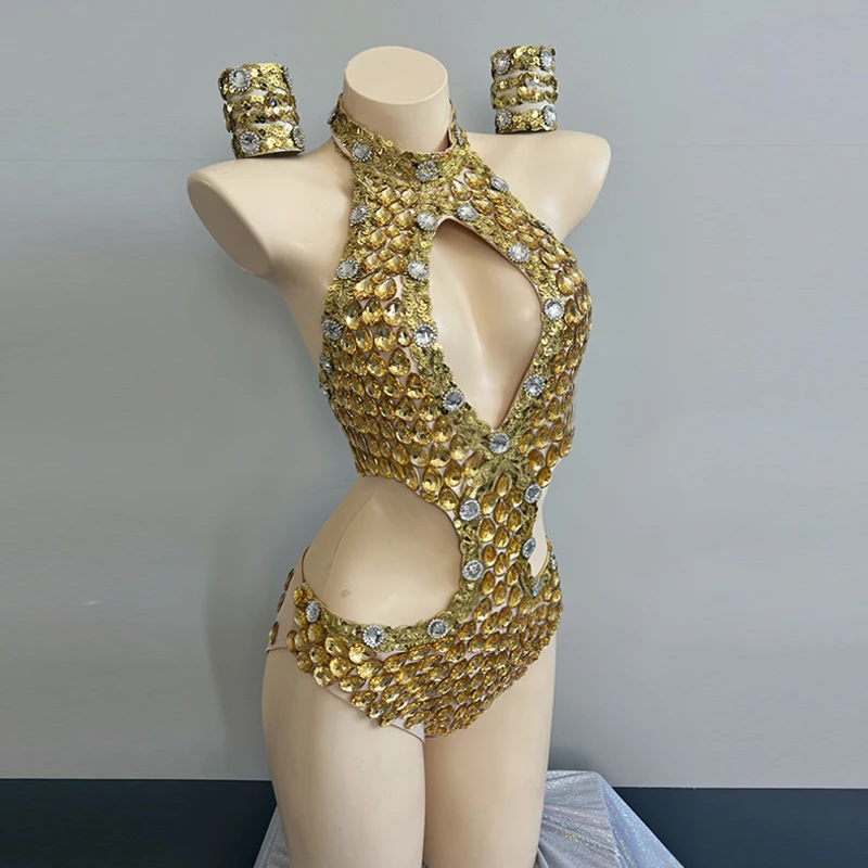 여성 섹시 고고 댄스 의상 속이 비치는 라인스톤 골드 바디수트 나이트클럽 바 댄스웨어 클럽 파티 쇼 레이브 의류 VDL4998