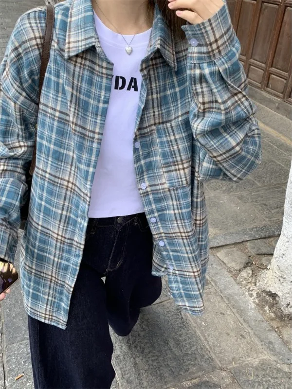 

American Retro Plaid Shirt Fuzzy Loose Slimming Couple's Lazy Style Outerwear Trendy Top Polyester Casual Long Sleeve Buttoned