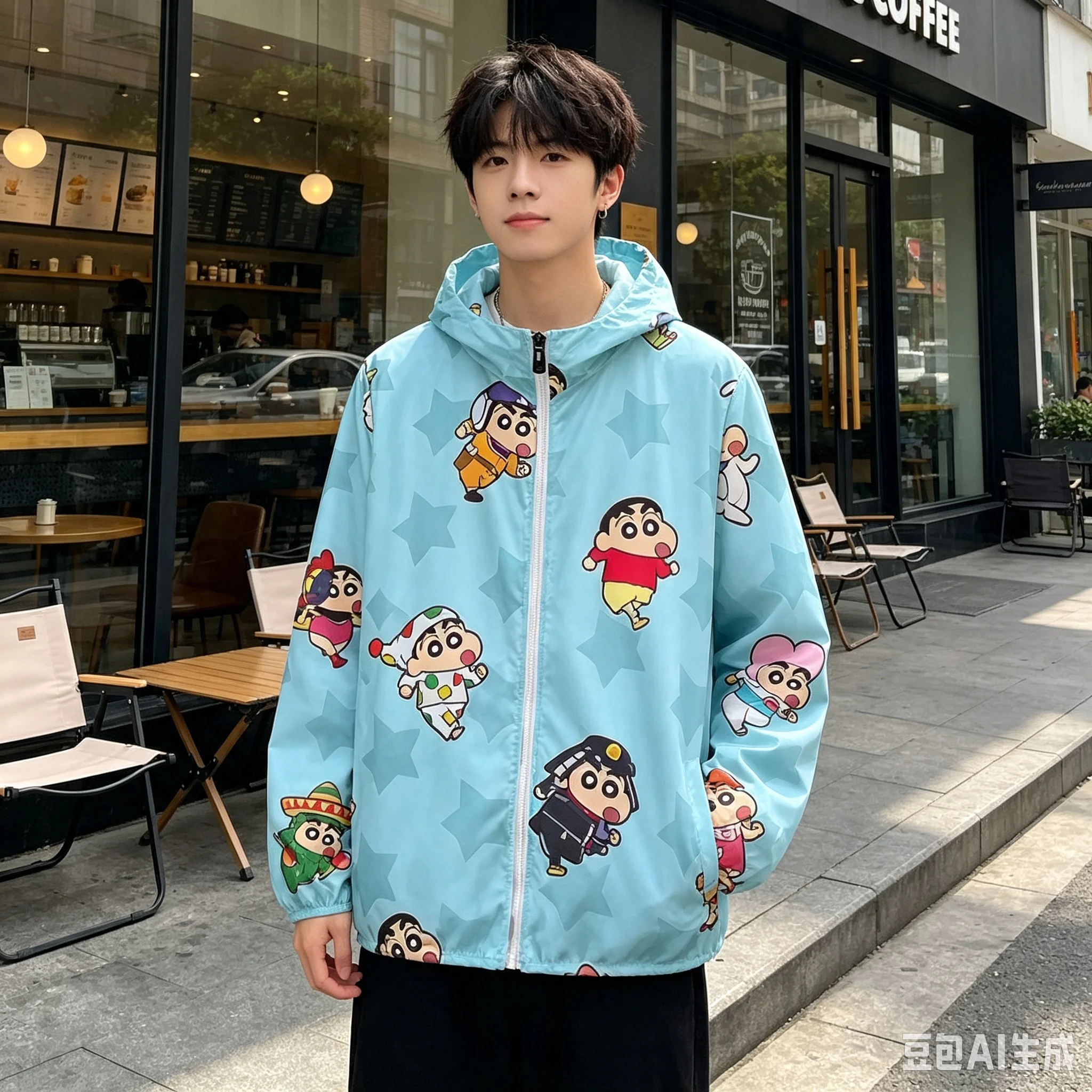 Fashion Cute Crayon Shin-Chan Full Pattern Hooded Windbreaker Cartoon Printed Hooded Coat Outdoor Travel Casual Street Outerwear