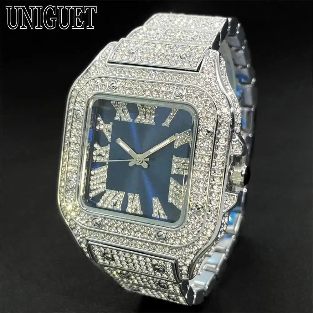 UNIGUET Luxury Iced Watch For Men Fashion Stainless Steel Square Quartz Watches Man Hip Hop Diamond Jewelry Wristwatch Man Reloj