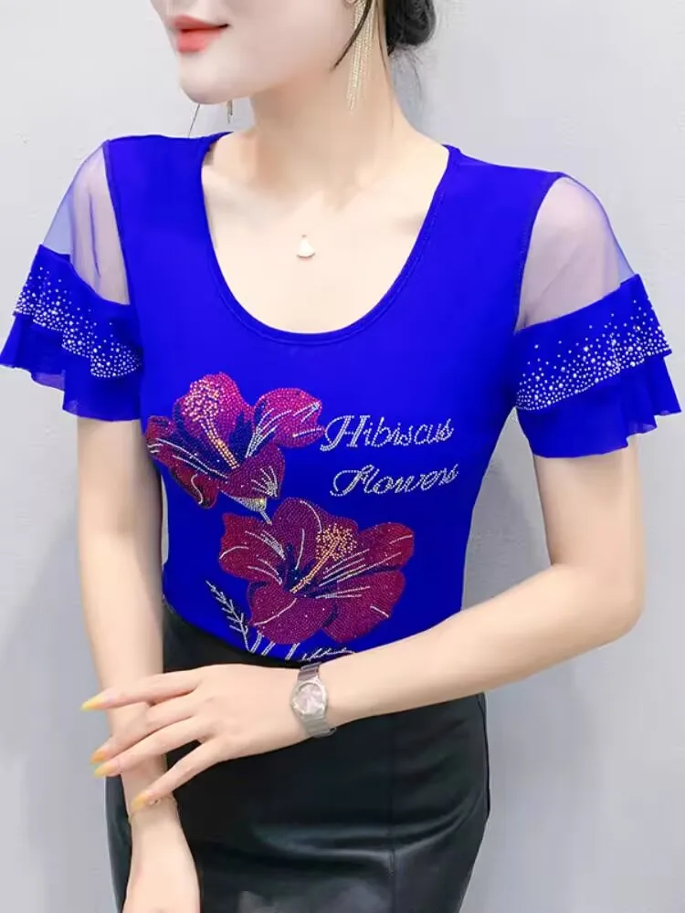 2025 Fairy Eye-catching Female T-shirt Spring Summer Woman Short Sleeve Tops Tee O-neck Printed Flowers Butterfly Sleeve Sheer