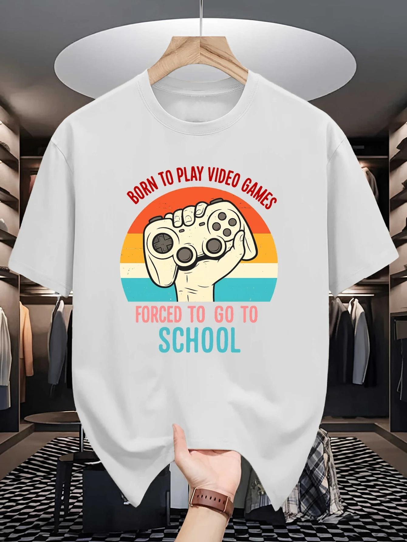 Born To Play Video Games Forced To Go To School Mens T Shirt Retro Game Controller Print Short Sleeve  Funny Gamer Summer Outfit