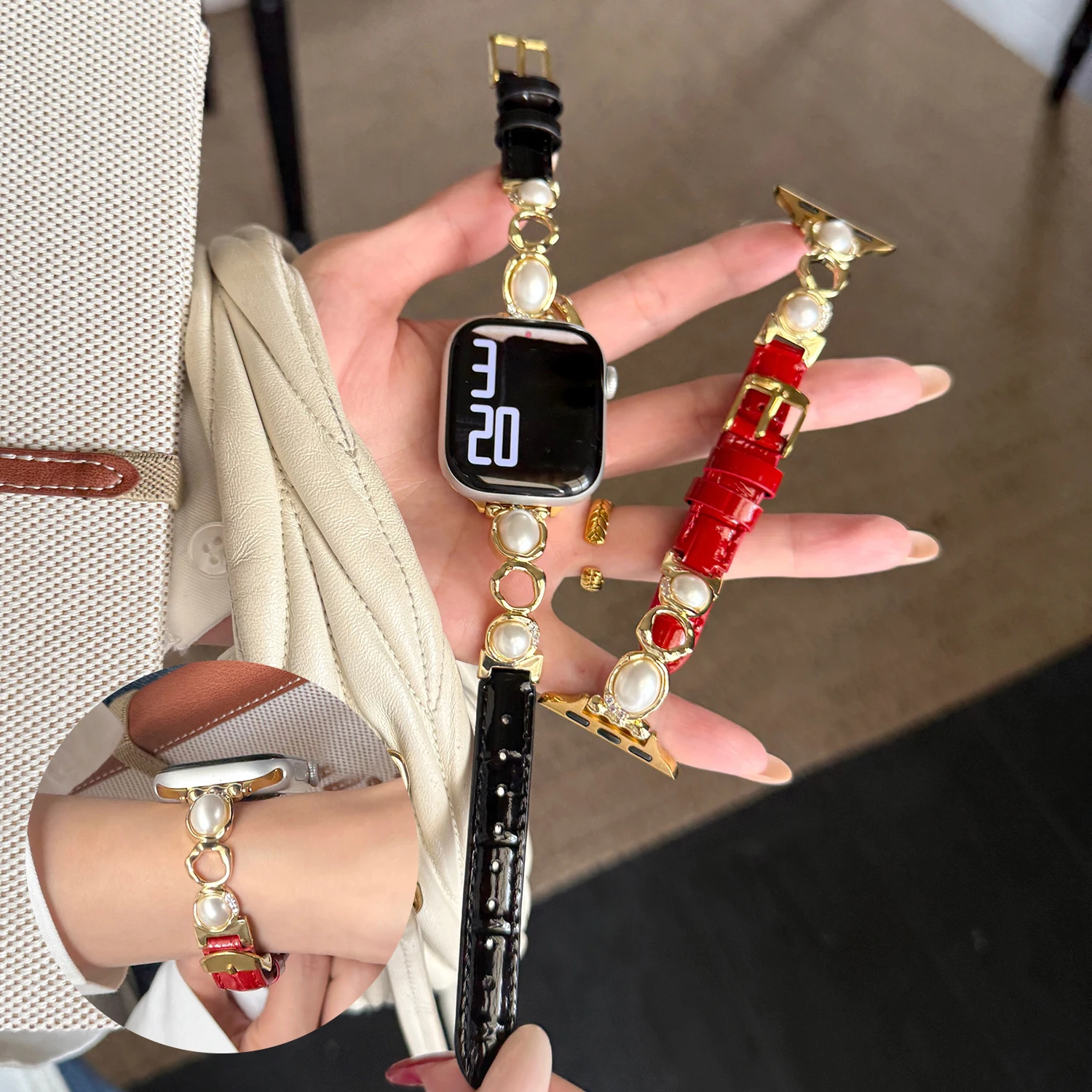 

Ремешок из лакированной кожи с жемчужной цепочкой, совместимый с Apple Watch 49/46/45/44/42-38 мм S11/S8/S9/S10/SE-1, легкий роскошный нишевый браслет.