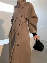 여성 캐주얼 양면 캐시미어 코트, 따뜻한 롱 모직 코트, 느슨한 타이드 통근 울 재킷, 2024 가을 겨울 신상