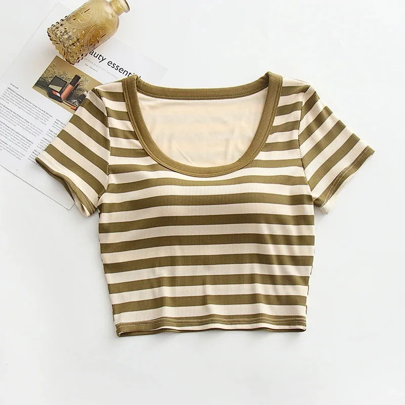 Women's Striped Crop Top T-Shirt with Built-in Bra Short Sleeve Casual Tee