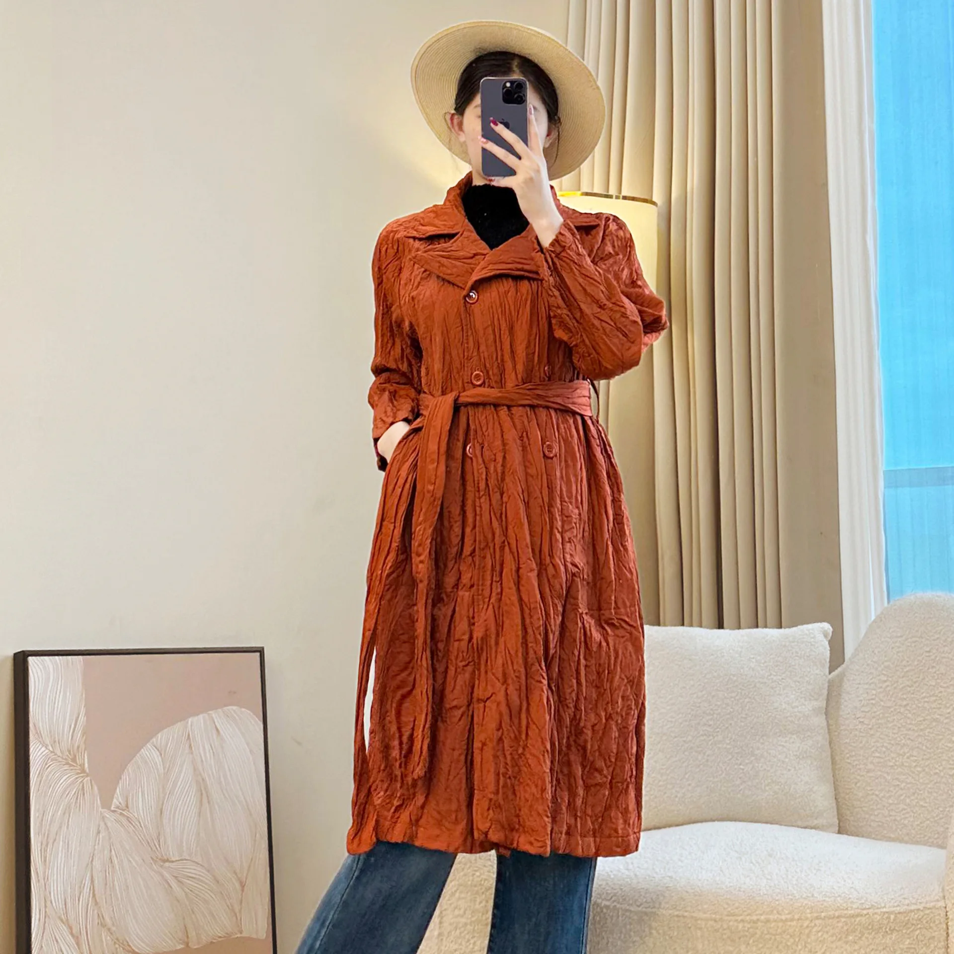 

Женская плиссированная ветровка Miyake, новинка 2025, однотонная, сращивание, лацканы, длинные рукава, двубортная, пояс, кардиган, куртка